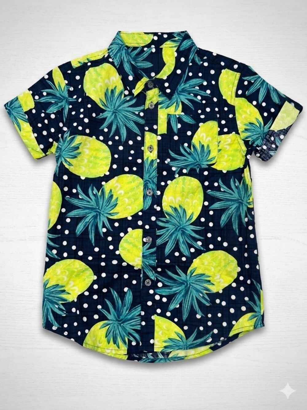 Appaman Navy Short-Sleeve Button-Down with Lime Pineapple Print